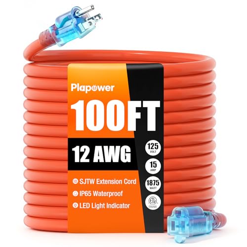 Outdoor Extension Cord 100 FT Waterproof, 12/3 Gauge Heavy Duty 3 Prong Power Cord with Lighted Indicator End, 15A 125V 1875W SJTW, ETL Listed, Great for Lawn/Garden/Home(Orange) - color: Orange, size: 100 FT