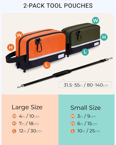2 Pack Small Tool Bags Zipper Pouch for Organizing, with Adjustable Shoulder Strap & Carabiner, Utility Small Tool Pouch with Multi Pocket Compartments and Label Area (12" & 10") - color: Green/Orange