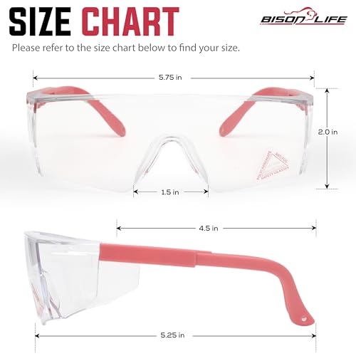 BISON LIFE Anti Fog Clear Safety Glasses with Adjustable Temple & Side Protection, Wraparound Anti-Scratch Lens, Clear Lens & Pink Temple, Lab Goggles, Mowing, Gardening & More (Pack of 3) - color: Clear/Pink