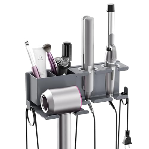YSD Hair Dryer Holder Wall Mounted, Metal Hair Tools Organizer, Hair Dryer Holder for Blow Dryer, Curling Iron, Straightener, 3 in 1 Bathroom Hair Tool Organizer, Grey - color: Gray, size: Standard