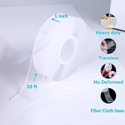 Double Sided Tape Heavy Duty, 1 Inch x 10 Ft Removable Mounting Nano Adhesive Tape, Washable and Reusable Hanging Stripe Wall Tape Sticky Poster Picture Carpet Tape for Decoration - size: 1" x 10'