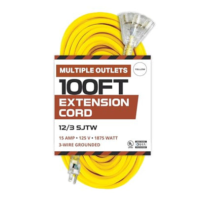 Iron Forge Cable 100ft Outdoor Extension Cord, Lighted with 3 Electrical Power Outlets - 12/3 Gauge SJTW Heavy Duty Extension Cable, Yellow, 15 AMP - 3 Pronged with Grounded Plug for Improved Safety - size: 100 Foot, style: 1 Pack