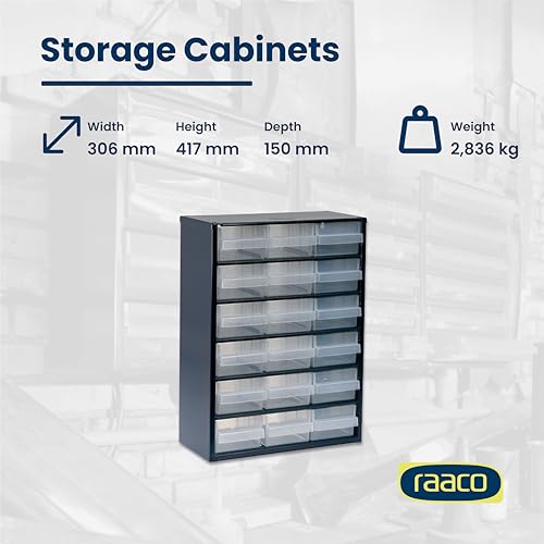Raaco Steel Storage Cabinet, Standard 18-Drawer, Clear Polypropylene Plastic Drawer – Small Parts Organizer, Screws, Nuts & Bolts, Crafts & Hardware – Tool Cabinet for Workbench & Wall Storage (C9-18)