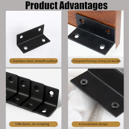 10PCS L Bracket 2.4"x1" Stainless Steel Corner Brace Heavy Duty 90 Degree Corner Fastener Black Large Angle Brackets for Wood Furniture Bedframe Cabinet Drawer Chair with Mounting Screws - size: 10PCS 2.4"x1"