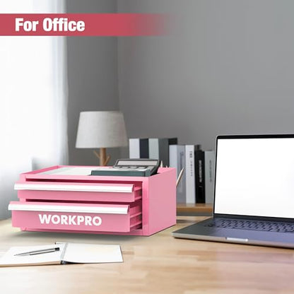 WORKPRO 12.5" Mini Tool Box with 2 Drawers & 1 Open Top Storage, Small Metal Tool Chest with PVC Liners & PP Feet Pads, Cold Rolled Steel Toolbox with Drawer Liners & Magnetic Tabs - Pink Ribbon - color: Pink