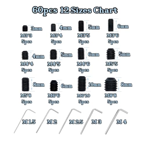 60pcs Set Screws, Set Screws Assortment Kit, Grub Screws M3 M4 M5 M6 M8 for Home Repair, Repair Furniture, Electronic Product, Install Door Lock, DIY, Fixtures, 12 Sizes - size: 60pcs(12 Sizes)