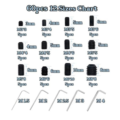 60pcs Set Screws, Set Screws Assortment Kit, Grub Screws M3 M4 M5 M6 M8 for Home Repair, Repair Furniture, Electronic Product, Install Door Lock, DIY, Fixtures, 12 Sizes - size: 60pcs(12 Sizes)