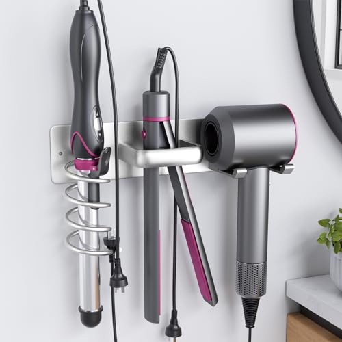 Tindbea Hair Dryer Holder Curling Iron Holder Flat Iron, Blow Dryer Holder Wall Mount, 3 in 1 Bathroom Hair Tool Organizer Rack for Universal Dryer, Silver Color - color: Silver