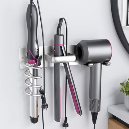 Tindbea Hair Dryer Holder Curling Iron Holder Flat Iron, Blow Dryer Holder Wall Mount, 3 in 1 Bathroom Hair Tool Organizer Rack for Universal Dryer, Silver Color - color: Silver
