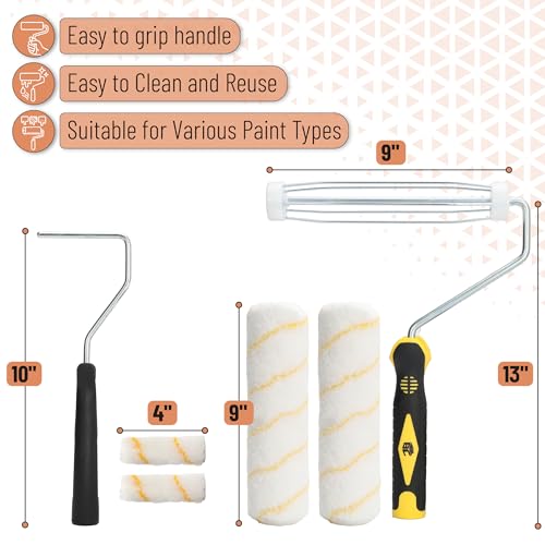 Bates- Paint Roller Kit, 15 pcs, 9" and 4" Roller Frames with Covers, 9" and 4" Plastic Paint Trays, Plastic Putty Knives, 4" Deck Stain Brush, Sanding Sponge, Wall Painting Supplies for Home Interior