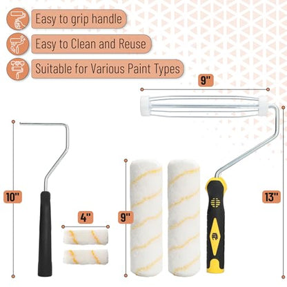 Bates- Paint Roller Kit, 15 pcs, 9" and 4" Roller Frames with Covers, 9" and 4" Plastic Paint Trays, Plastic Putty Knives, 4" Deck Stain Brush, Sanding Sponge, Wall Painting Supplies for Home Interior