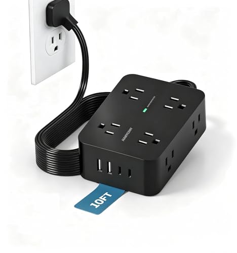 10 Ft Power Strip Flat Plug, Extension Cord Surge Protector with 8 Outlets and 4 USB Ports (2 USB C), Ultra Thin Flat Wall Plug, 1080J Surge Protection, Mountable Charging Station for Dorm, Office - size: 10ft