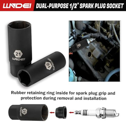LLNDEI 1/2 inch Drive Deep Impact Socket Set, 37 Piece Standard SAE 3/8" to 1-1/4" | Metric 8 to 24mm, Includes Spark Plug Socket (16, 21mm), CR-MO Universal Joint, Extension Bars and Adapter - size: 37-piece 1/2" Drive Socket Set Sae & Metric