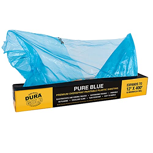 Dura-Gold 12' x 400' Pure Blue Protective Masking Film Cover - Overspray Paintable Sheeting Roll, Painters Plastic (10 Micron, .4 Mil) - Plastic Painting Protection for Auto & Household Paint Covering - size: 12' x 400'