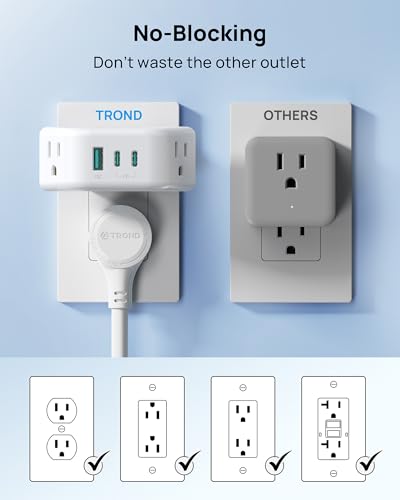 TROND Outlet Extender with 360 Rotating Plug, 2 AC Outlet Splitter with PD 20W USB C, 3-Side Design Wall Plug Adapter, for Bathroom Kitchen Cruise Ship Travel Essentials, White - color: White, size: 2A2C1U & PD20W-3 Prong (Rotating Plug), 1 Pack