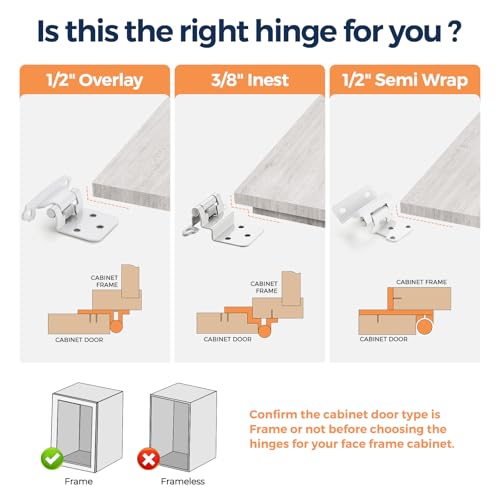 4 Pack (2 Pairs) White Cabinet Hinges for Kitchen Doors, Self-Closing, 1/2 Inch Overlay (Variable), Semi-Concealed Face Frame, Surface Mount Cabinet Hardware - color: White