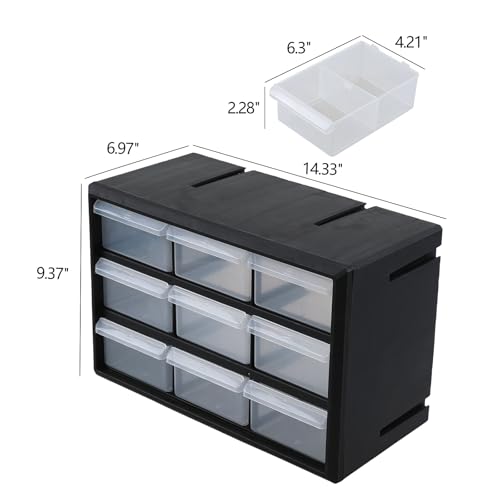 9-Drawer Plastic Drawer Hardware Storage Cabinet, Small Plastic Drawer Storage Cabinet for Garage, Black, F