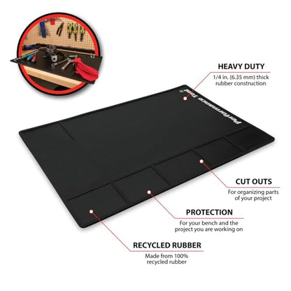 Performance Tool W88960 Heavy Duty 1/4-in Thick Rubber Work Mat: 30x20-in Size, Made of 100% Recycled Rubber, Parts Organizer, Extra Thick for Work Surface Protection in The Home or Garage, Black