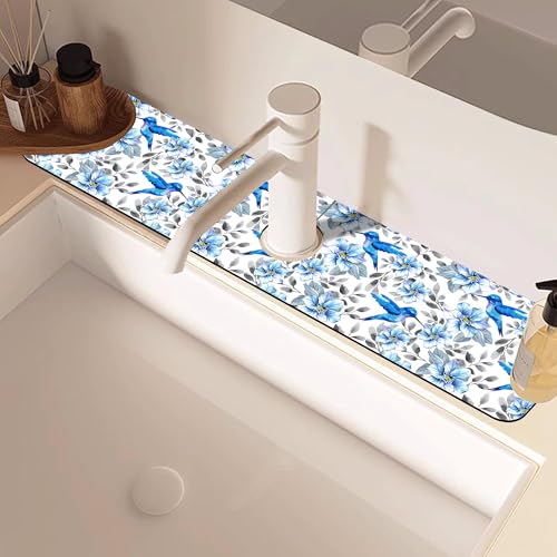 Kitchen Sink Splash Guard Faucet Mat Blue Floral and Hummingbird Absorbent Fast Drying Mat Faucet Draining Mat Sink Splash Guard Behind Faucet Drip Catcher for Kitchen Bathroom 24" X 5.5" - size: 5.5"x24"