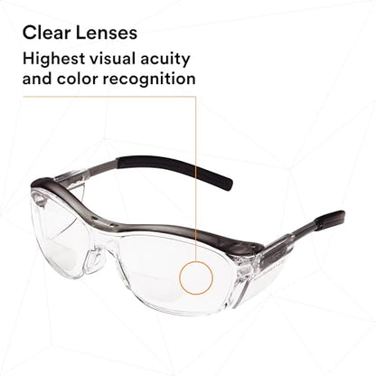 3M Safety Glasses with Readers, Nuvo Readers, +2.0 Diopter, Pack of 1, ANSI Z87, Clear Lens, Gray Frame, Soft Nose Bridge, Side Shields - color: Clear Lens (+2.0), Gray Frame, size: +2.0 Diopter