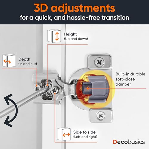 Decobasics 4 Pack Soft Close Cabinet Hinges – 3/4" Overlay for Kitchen Cabinet Doors, Face Frame Concealed Hidden Hinges – Stainless Steel, Self-Closing with 3-Way Adjustment & Slow Close Damper - size: 3/4 Inch