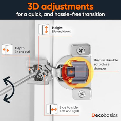 Decobasics 4 Pack Soft Close Cabinet Hinges – 3/4" Overlay for Kitchen Cabinet Doors, Face Frame Concealed Hidden Hinges – Stainless Steel, Self-Closing with 3-Way Adjustment & Slow Close Damper - size: 3/4 Inch