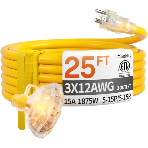 25 ft 12 Gauge Heavy Duty 3 Outlet Extension Cord Splitter with Indicator, Waterproof Outdoor Extension Cord with Multiple Outlets, 15A 1875W for Garden, ETL Listed, Flexible Yellow SJTW - size: 25FT