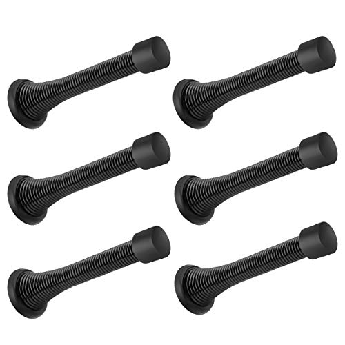 6 Pack Spring Door Stopper Black- 3-1/4" Flexible Spring Door Stops with Black Rubber Bumper Tips - color: Black, size: 6 Pack