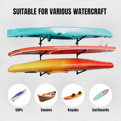 Kayak Wall Mount Rack, 45.3" Heavy Duty Canoe Storage Brackets, Foldable Space Saving Hanger, 304 Stainless Steel for Outdoor & Indoor, Fits SUP/Paddle Board(Black, 2-Tier) - size: H45.3"-2Kayaks-Wall Mount