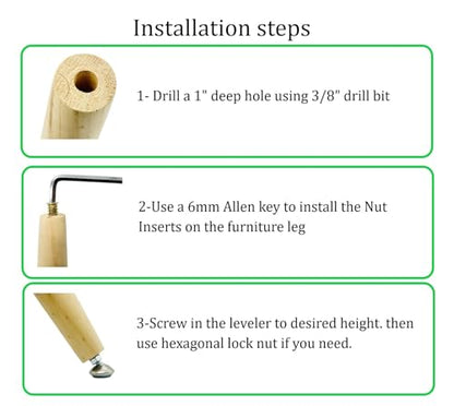 Furniture Levelers Swivel Feet,Angle Height Adjustable，Adjustable Nylon-Bottomed Pads for Table, Chair, and Furniture Legs-Pack of 8 ，1/4-20 Nut Inserts Kits(1/4" Nylon)