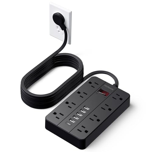 15 Ft Long Extension Cord Power Strip Surge Protector, HUNIAN Flat Plug with 8 Widely Spaced Outlets 6 USB, Wall Mount Charging Station for Home and Office, Black - color: Black, size: 15FT