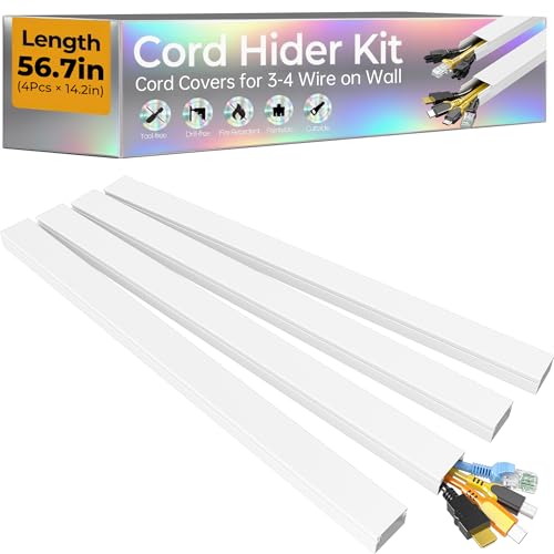 56.7in Cable Hider Cord Hider, Wire Covers for 3-4 Cords on Wall, Premium Cord Covers for Wires on Wall, Easy Set-up Wire Hider to Hide Tv Wires, Lamp, Speaker Cords, W1.18 H0.6in, White - color: White, size: 56.7in L X 1.18in W X 0.6in H