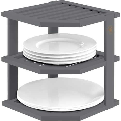 Bambüsi Plate Organizer for Cabinet - Corner Cabinet Organizer and Kitchen Cabinet Organizer Shelf, Kitchen Countertop Organizer for Plates, Dishes and Bowls, Space Saving Corner Rack, Grey - color: Grey