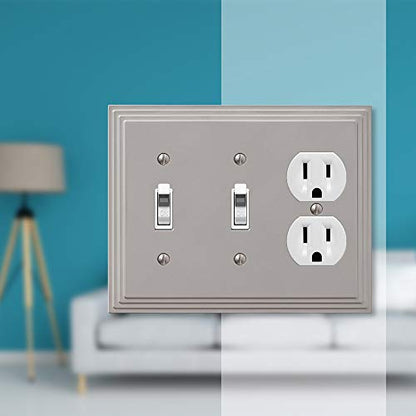 Amerelle Steps Double Toggle/Single Duplex Cast Metal Wallplate in Satin Nickel - color: Satin Nickel, size: 2 Toggle / 1 Duplex
