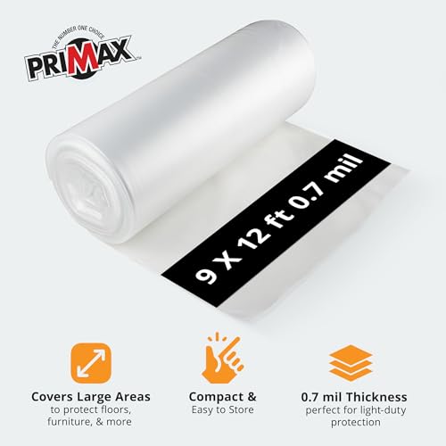 PRIMAX Clear Plastic Drop Cloth 9x12 ft (24 Pack) – Waterproof Painters Plastic Sheeting for Painting, Furniture Covers & Dust Protection – Easy Cleanup, Mess-Free Solution for Painting or Renovations - size: 9' x 12' - 24 pack