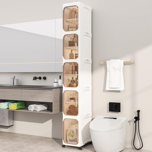 KHNR 5-Tiers Slim Bathroom Storage Cabinet, Foldable Storage Cabinets,Narrow Bathroom Storage,Movable Bathroom Storage Organizer for Small Spaces,Bathroom,Kitchen,Laundry,Cream White - color: Cream White, size: 5-tiers