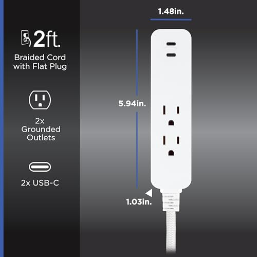 GE 6-Outlet & 2-Outlet Surge Protector Combo Pack with 2 USB-C Ports, 245 Joules, 2ft Braided Cords, Flat Plugs, ETL Certified, White, 86076 - size: 2 Ft Combo Pack