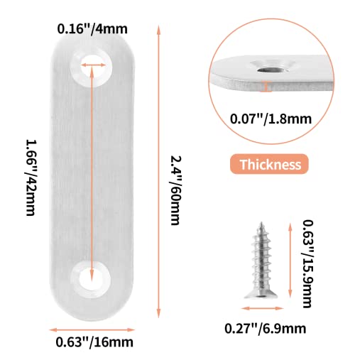 Jiozermi 24 Pcs Straight Brace, Flat Brace 2.4” x 0.6”, Stainless Steel Straight Bracket, Mending Joining Plates for Wood, Board, Bed Frame, Furniture & Shelves, Silver - size: Silver, 2.4” x 0.6”, 24 Pcs