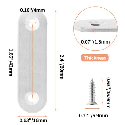 Jiozermi 24 Pcs Straight Brace, Flat Brace 2.4” x 0.6”, Stainless Steel Straight Bracket, Mending Joining Plates for Wood, Board, Bed Frame, Furniture & Shelves, Silver - size: Silver, 2.4” x 0.6”, 24 Pcs
