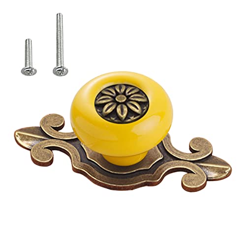 HUAMULAN 10 Pack Retro Ceramic Knobs,Vintage Dresser Kitchen Petal Cabinet Pulls Rustic Zinc Alloy Base Back Plate Kid Cupboard Wardrobe Drawer Door Handles,Yellow - color: A6-Yellow-10PACK