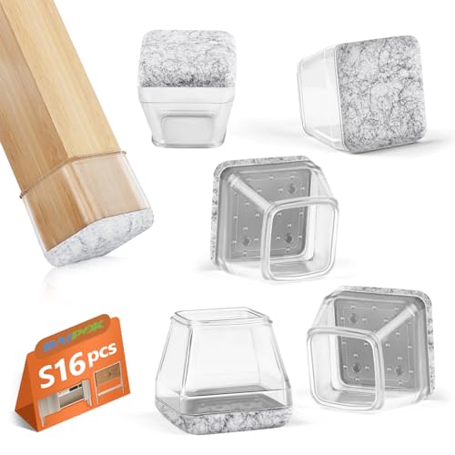 16Pcs Square Chair Leg Floor Protectors with Thickened Felt Pads Silicone Chair Leg Covers Caps to Protect Hardwood Tile Floors Furniture Feet Reduce Noise (Clear S Fit 0.87"-1.10") - color: Clear, size: Small