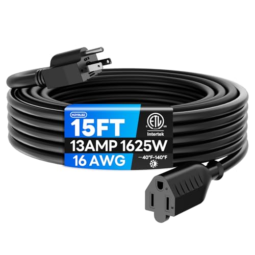 15 FT Indoor Outdoor Extension Cord - Heavy Duty 16/3 Gauge, Waterproof Weather Resistant, 3 Prong, 13A 1625W SJTW, ETL Listed - Perfect for Holiday Lights, Lawn Care, and Power Tools - size: 15FT