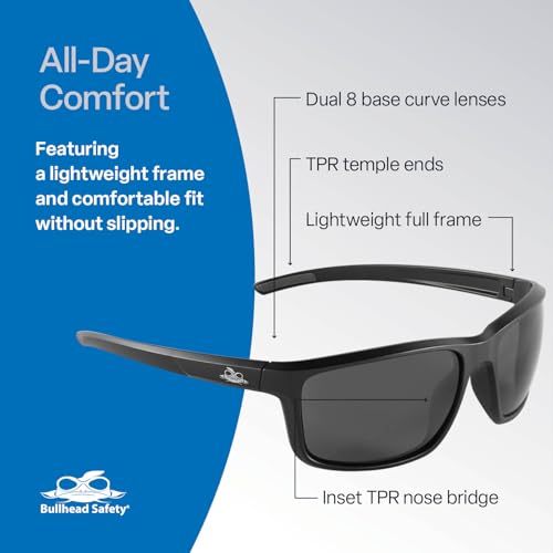 Bullhead Safety Eyewear BH2763AF Pompano, Matte Black Frame/Temple Smoke Af Lens Black Tpr Nose Piece And Temple Ends - color: Smoke Lens, Matte Black Frame, style: Anti-fog