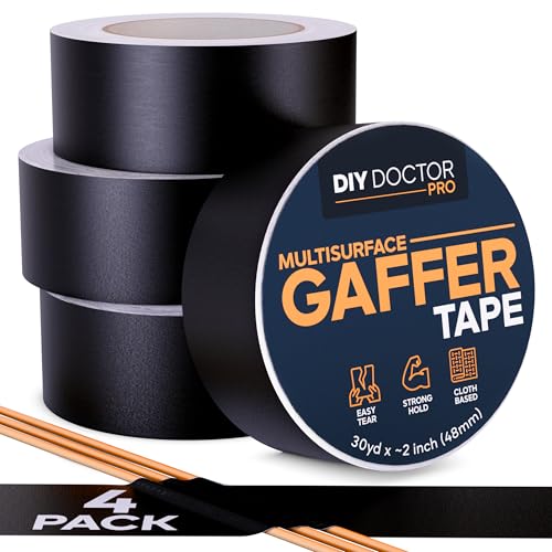 DIY Doctor Pro Professional Gaffer Tape ~2 Inch (48mm) Black – Matte Cloth Gaffers Tape for Stage, Floor & Cable Management – Strong Adhesive, No Residue, Non-Reflective - 4 Pack - size: 4 Pack (Value Pack)