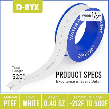 D-NYX Teflon Tape 4 Rolls 1/2 Inch(W) X 520 Inches(L) Teflon Duct Sealant Tape for Shower Head, Plumbing Thread Tapes, Water Pipe Sealing Plumbers PTFE Thread Seal, Pipe Dope Plumbers Accessories - size: 4 Pack