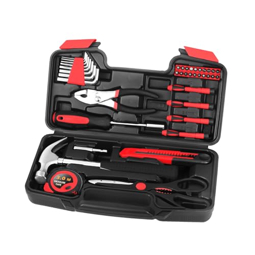 39-Piece Household Tool Set with Toolbox Storage Case - All Purpose Small Hand Tool Kit Includes Essential Tools for Home, Office, College Repairs, Red - color: Red