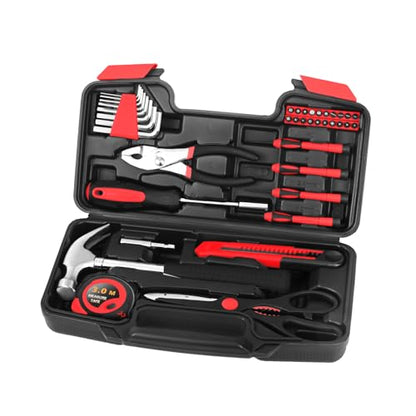 39-Piece Household Tool Set with Toolbox Storage Case - All Purpose Small Hand Tool Kit Includes Essential Tools for Home, Office, College Repairs, Red - color: Red