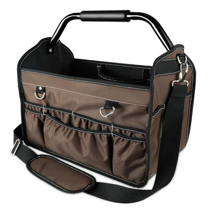 KUNLUN 17-Inch Open Top Tool Bag, Electrician Tool Bag, Tool Tote Bag Organizer for Easy Tool Access, 33 Pockets Foldable Tool Carrier with Rotating Steel Handle and Removable Shoulder Strap, Brown