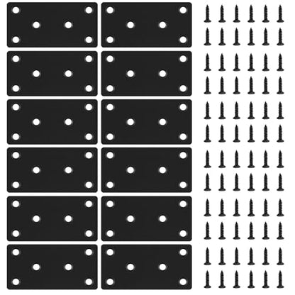 12 PCS 3.15'' x 1.57'' Stainless Straight Flat Brackets, Black Flat Metal Brace Bracket, Support Flat Metal Brace for Wood Furniture, Mending Plate Connector Joining Bracket for Fence,72 Screws - size: 3.15 x 1.57 in