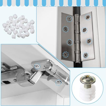 30 Set Furniture Fasteners, Plastic Hinge Dowel Inserts with Stainless Steel Screws for Cabinet Door Repair, Easy Installation Kit for Kitchen Cabinet Hinges Replacement and Drawer Fix